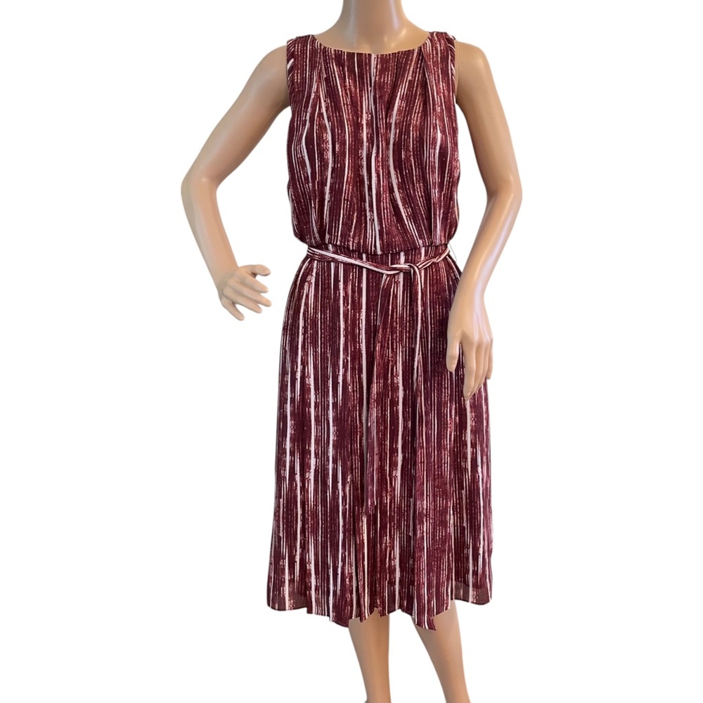 Banana Republic Pleated Dress 00P w/ Pockets Maroon White Stripe